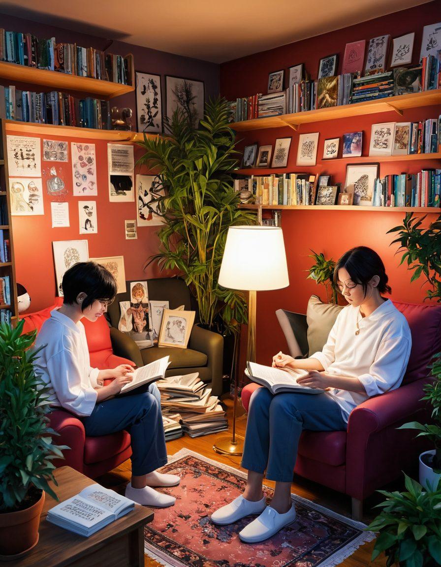 A vibrant and surreal scene showcasing diverse individuals reading hentai manga in a cozy support group setting, with subtle representations of tumors and healing symbols in the background. The characters express a range of emotions from joy to contemplation, highlighting the therapeutic power of art. The room is warmly lit, with shelves filled with colorful manga and plants for a serene atmosphere. whimsical style. vibrant colors. 3D.