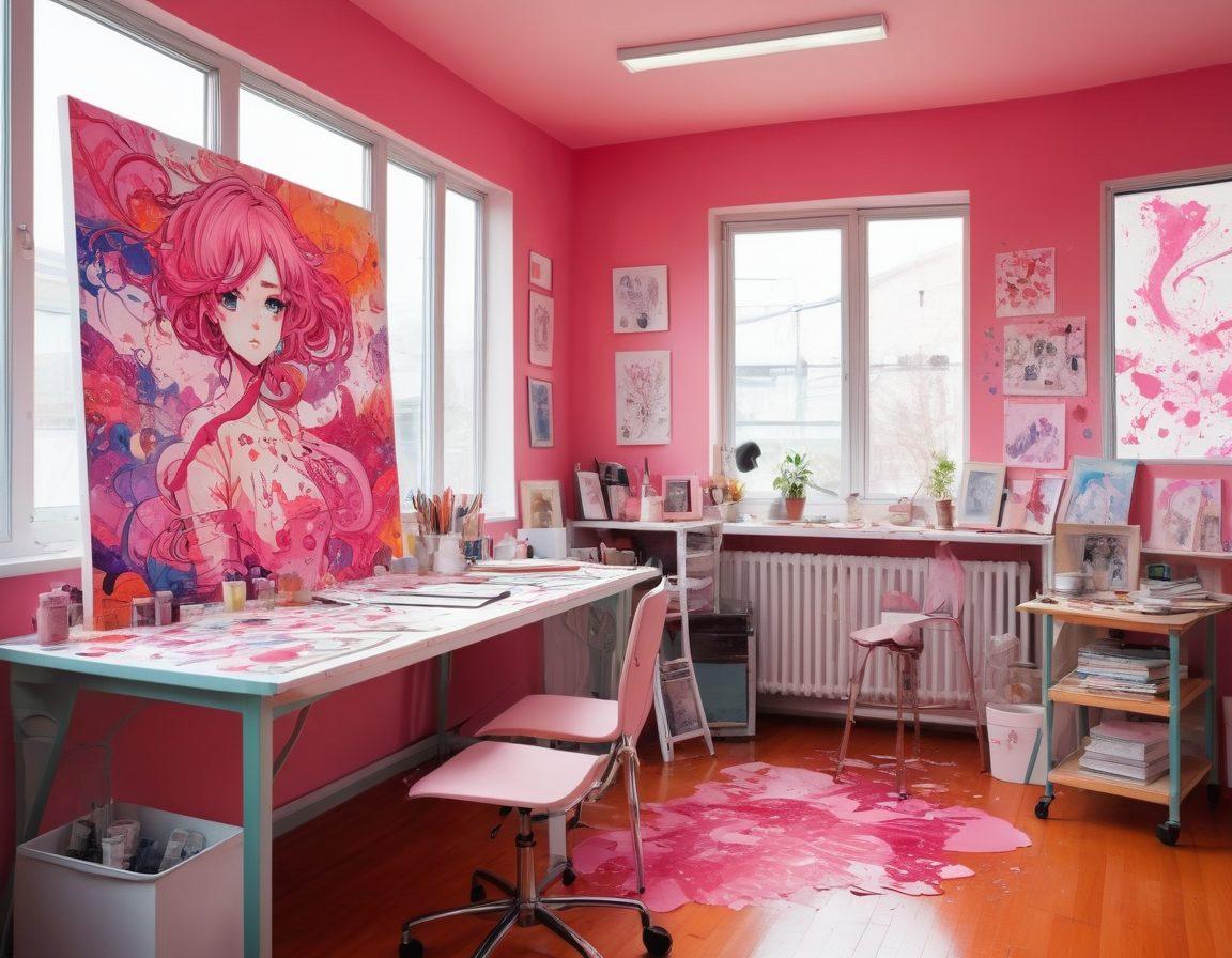 A vibrant scene depicting an art studio where adult artists create Hentai manga inspired by cancer awareness themes. The backdrop features painted canvases showcasing expressive characters, a palette of colorful inks splattered around, and medical symbols subtly integrated into the illustrations. The atmosphere is a lively fusion of creativity and health advocacy, reflecting the sensitive yet bold nature of the subject. soft focus. bright colors. modern illustration.